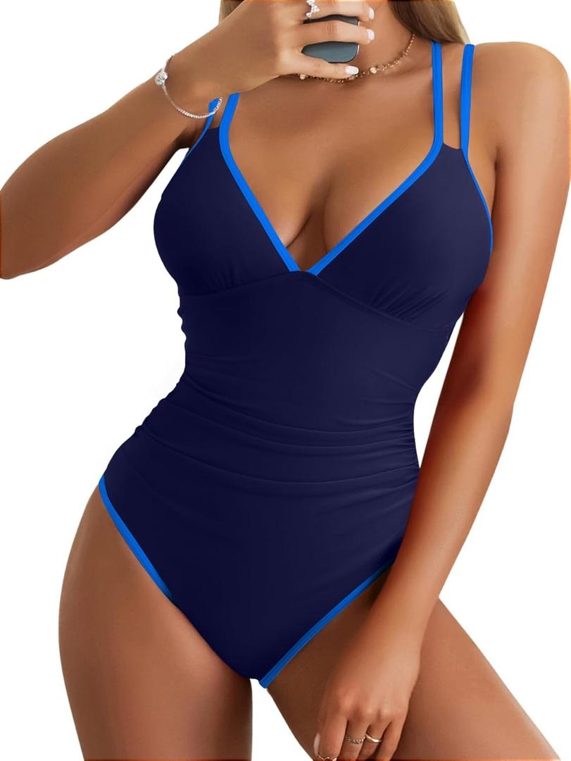B2prity Women's V Neck One Piece Swimsuit Tummy Control Slimming Bathing Suit Double Straps Crisscross Back Swimwear (XL)