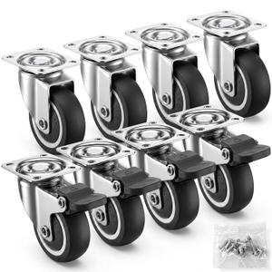 Hotop 8 Pcs 1 Inch Low Profile Casters Wheels Soft Rubber Swivel Caster Small Silent Casters with 360 Degree Top Plate and 40 Screws (4 with Brakes and 4 Without)