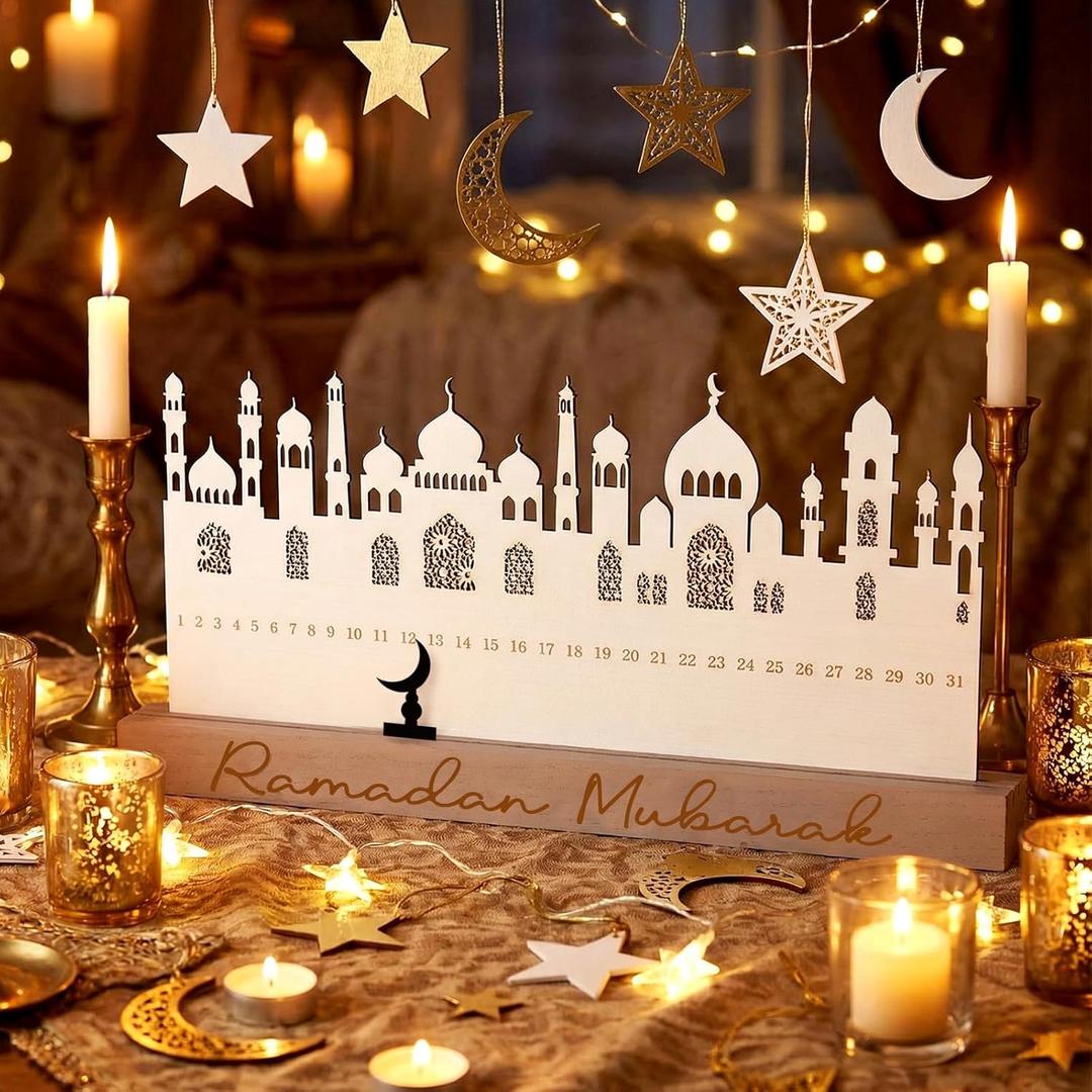 Leinuosen Ramadan Wooden Countdown Calendar Ramadan Mubarak Advent Calendar Eid Islamic Countdown Table Decoration for Muslim Festivities Decoration Gifts(Modern)