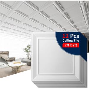 Art3dwallpanels Ceiling Tiles 24 x 24 Drop Ceiling Tiles, 12 Pack Drop in High Grade PVC Wall Panels, Fire Rated, Waterproof, Light Weight, Cover 48 Sq.Ft, White (White)