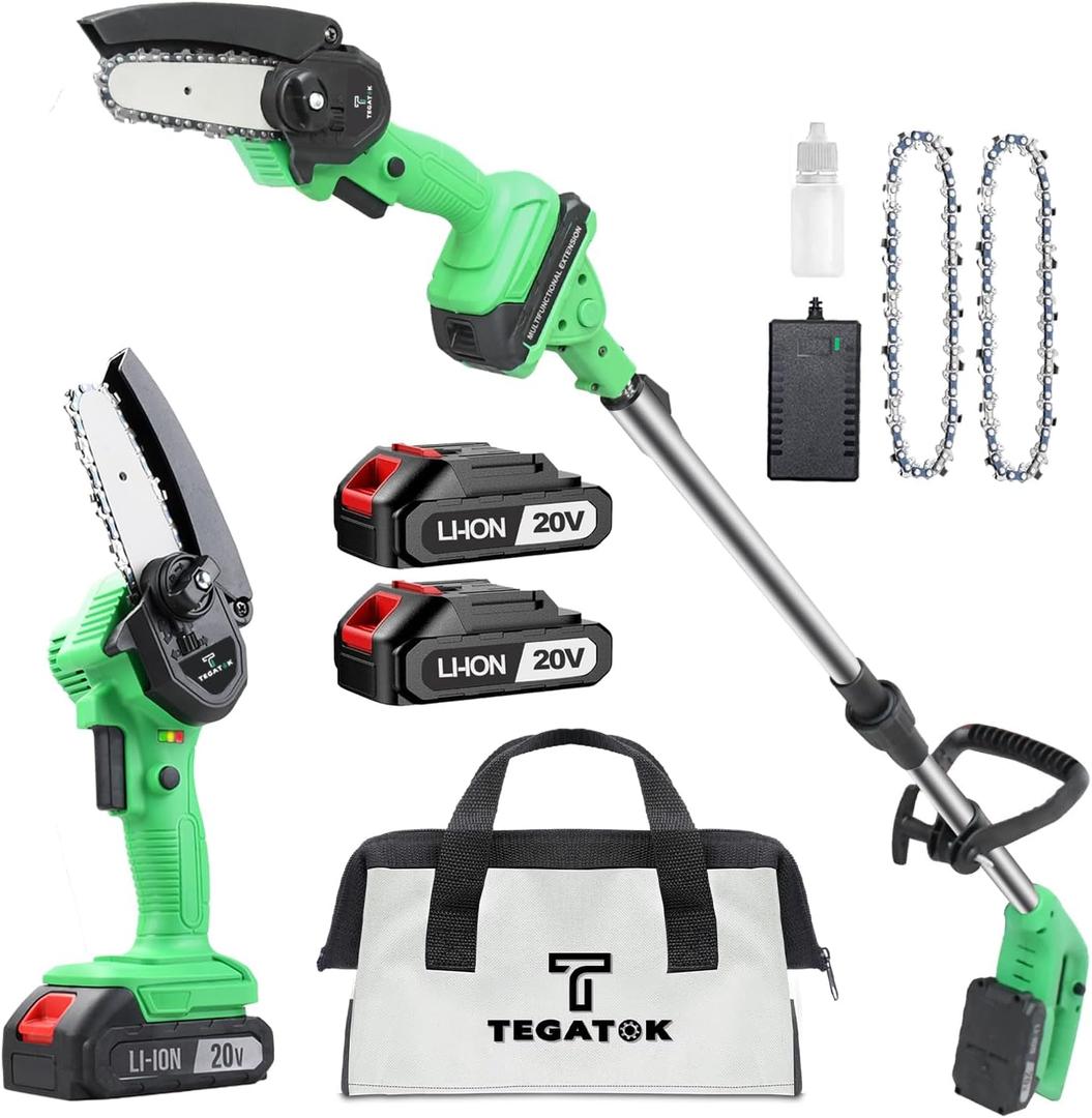 2-in-1 Cordless Pole Saw 4 Inch Mini Chainsaw, Electric Pole Chainsaw with 2 Batteries, Pole Saw Battery Powered with 5.5ft Extension Rod, Multifunctional Pole Saws for Tree Trimming