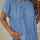 Womens Summer Tops Crochet Cap Short Sleeve Shirts Casual Loose Texture Round Neck Knit Tshirts Blouse (Blue, XXL)