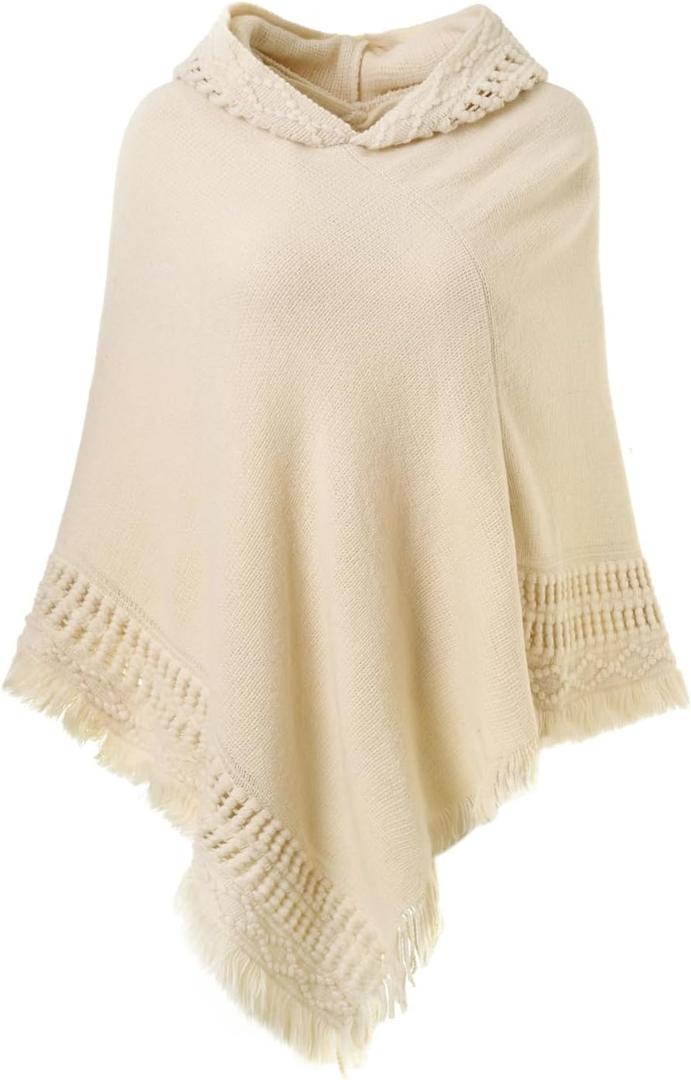 Ferand Ladies' Hooded Cape with Fringed Hem, Crochet Poncho Knitting Patterns for Women (One Size, Beige)