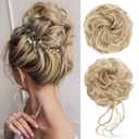2PCS Messy Bun Piece for Women - Fake Hair Scrunchie & Bun Extensions, No-Slip Elastic Ties for Instant Updo, Wavy Curly Scrunchies for Thin/Thick Hair (Cream Blonde