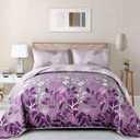 WONGS BEDDING Purple Floral Quilt Set King Size, 3 Pieces Botancal Leaves Bedspread Coverlet Set with 2 Pillowcases for All Season, Soft Microfiber Floral Bedding Set 104"90"