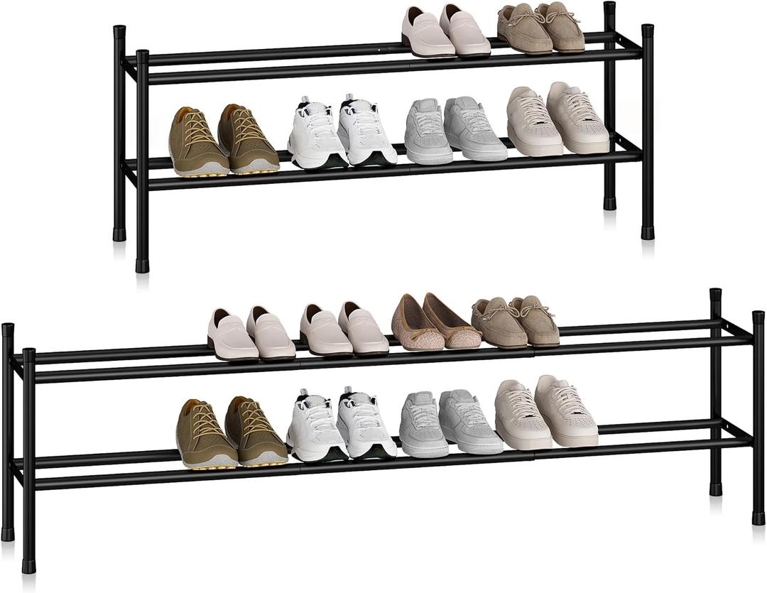 STORAGE MANIAC Long Expandable Shoe Rack, 12 Pairs Metal Wide Stackable Shoe Rack, Adjustable Shoes Shelf, Freestanding Shoes Organizer for Closet, Entryway, Hallway, Garage, Front Door, 2 Tiers (Black)