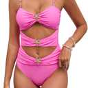Wellwits Women's Beads Cutout Starfish Metal Decor One Piece Swimsuit (XX-Large, Pink)