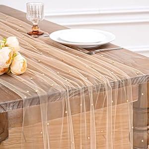 LuoluoHouse Champagne Pearl Table Runner Centerpieces: 10ft Pearl Tables Decor 29x120 Inch Tulle Chiffon Fabric for Wedding Decor Birthday Party Dining Table Covers