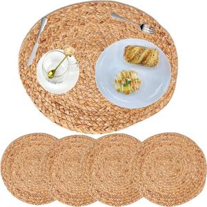 Round Woven Placemats Set  Natural Water Hyacinth Placemats for Dining Table, Heat-Resistant Boho Wicker Chargers, Rustic Farmhouse Table Decor (Natural, 38cm Set of 4)