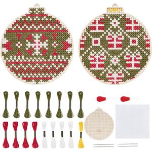 FREEBLOSS 4 Set Christmas Ball Wooden Cross Stitch Kit with Instruction Wood Pieces Cross Stitch Kit Embroidery Kits for Adults Wooden Chip Pendant for Christmas Tree
