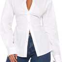 Women Long Sleeve Button Down Shirt Tie Back Cinched Waist Lapel Collar Corset Blouse Work Casual Dressy Tunic Shirt (Small, White)