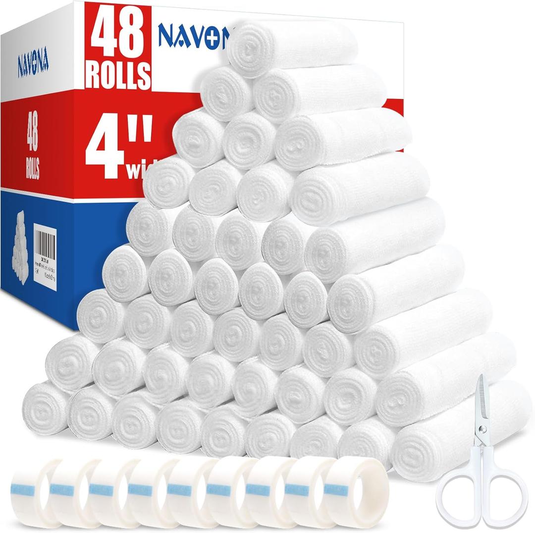 Navona 48 Pack Gauze Rolls 4 in x 4.1 Yards, Individually Wrapped Rolled Gauze Breathable, Mummy Wraps, Guaze Wrap Roll for Wounds