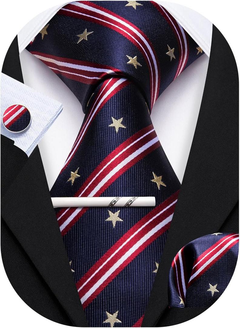 YOHOWA Men Plaid/Striped Ties Set Silk Business Wedding Formal Fashion Necktie and Pocket Square Cufflinks Set (Black)