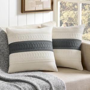 ZeeMart 2 Packs Cotton Boho Throw Pillow Covers 18x18 Inch Contrast/Charcoal, Soft Farmhouse Decorative Couch Pillow Cases Dark Grey Cushion Covers for Sofa Bed Living Room Home Decor