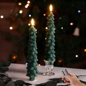 Eywamage Green Christmas Tree Taper Candles with Remote, Real Wax Flickering Flameless LED Candlesticks Set of 2