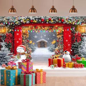 Christmas Backdrop Winter Forest Wooden Barn Door North Pole Snowy Xmas Tree Snow Background Banner for Family Holiday Party Decoration Supplies Photo Studio Props Pictures, 7X5 Ft