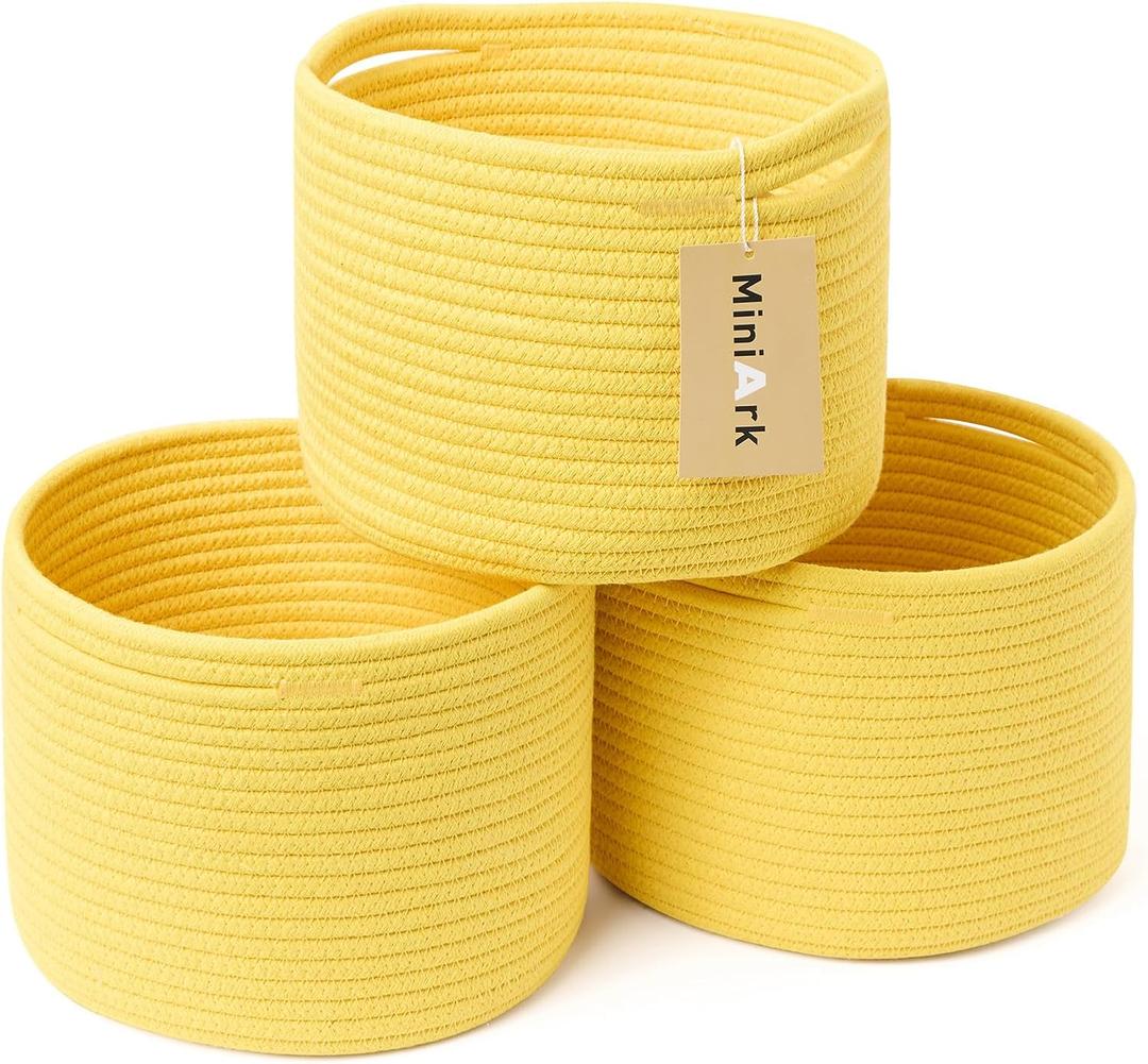 Small Basket for Organizing | Cube Shelf Closet Storage Baskets | 9.79.77.1 | Woven Rope Gift Basket | Nursery | Round 3 Packs Yellow