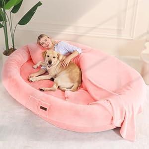Fvkind Human Dog Bed for Adults with Blanket and Pillow, 71"x51"x12" Washable Orthopedic Size, Faux Fur Removable, Cozy Large Present, Pink