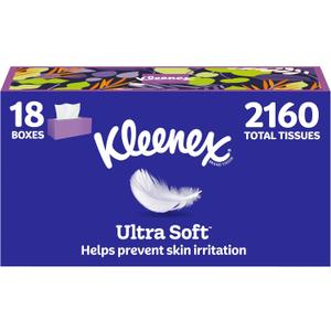 Kleenex Ultra Soft Facial Tissues, 18 Flat Boxes, 120 Tissues per Box, 3-Ply (2,160 Total)
