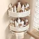 Corner Shower Caddy Suction Cup Shower Shelf Corner No Drilling Bathroom Shower Organizer Storage Rack Adhesive with Towel Bar (2-Pack, Ivory)