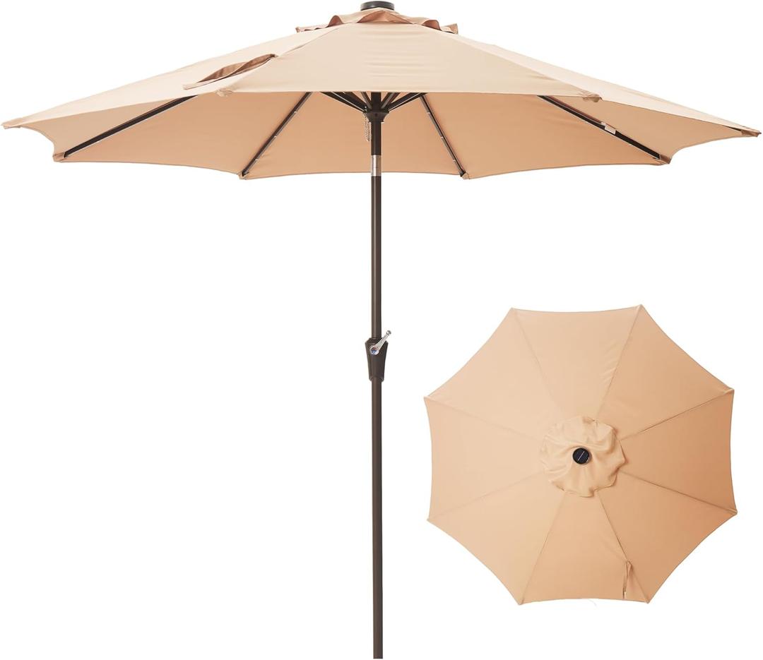 9FT Solar-Powered LED Patio Umbrella with Tilt Crank,Outdoor Market Umbrella with 32 Lights,Sunshade for Deck, Garden and Pool (Beige)