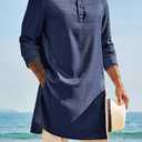 Runcati Mens Kaftan Thobe Textured Henley Shirt Long Sleeve Robe Casual Muslim Gown Shirt (Blue) M