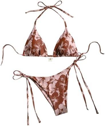 MakeMeChic Women's Halter Tie Side Triangle High Cut Bikini Set Bathing Suit Swimsuit, Small