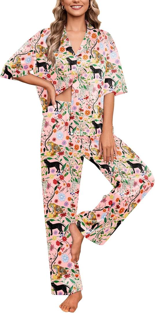 Ekouaer Silk Satin Pajamas Set Women Short Sleeve Pj Sets Button Down Sleepwear 2 Piece Soft Loungewear S-XXL (Pink Tiger)