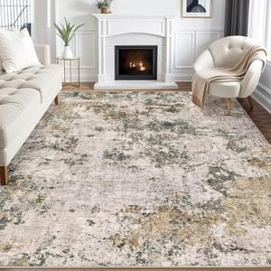Area Rugs for Living Room: 7x9 Abstract Washable Rug Large Soft Stain Resistant Non-Slip Backing for Bedroom Dining Room Indoor Home Office Carpet for Kids Pet Friendly Families - Dark Brown