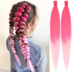 Ombre Hot Pink-Pink Pre Stretched Braiding Hair 30 Inch 2 Packs Pre Feathered Hair Extensions Braids Easy to Use