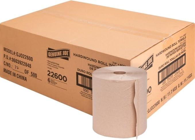 Genuine Joe Hardwound Roll Towels, Kraft, 7.9" x 800', 6 Count