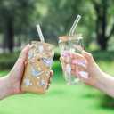 2 Pack Glass Cups with Bamboo Lids and Straws 16 oz, Gifts for Women, Drinking glasses set, Iced Coffee, Tea Cup, Cute Aesthetics Tumbler Cup, Mothers Day, Birthday Gifts for Her Mom