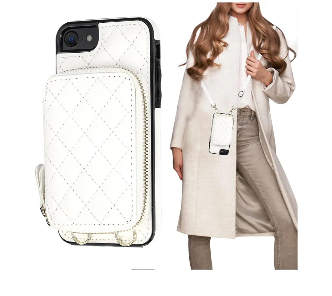 Bocasal Crossbody Wallet Case for iPhone SE 2022/SE 2020/8/7, RFID Blocking PU Leather Zipper Handbag Purse Flip Cover, Kickstand Folio Case with Card Slots Holder Wrist Strap Lanyard 4.7 Inch (White