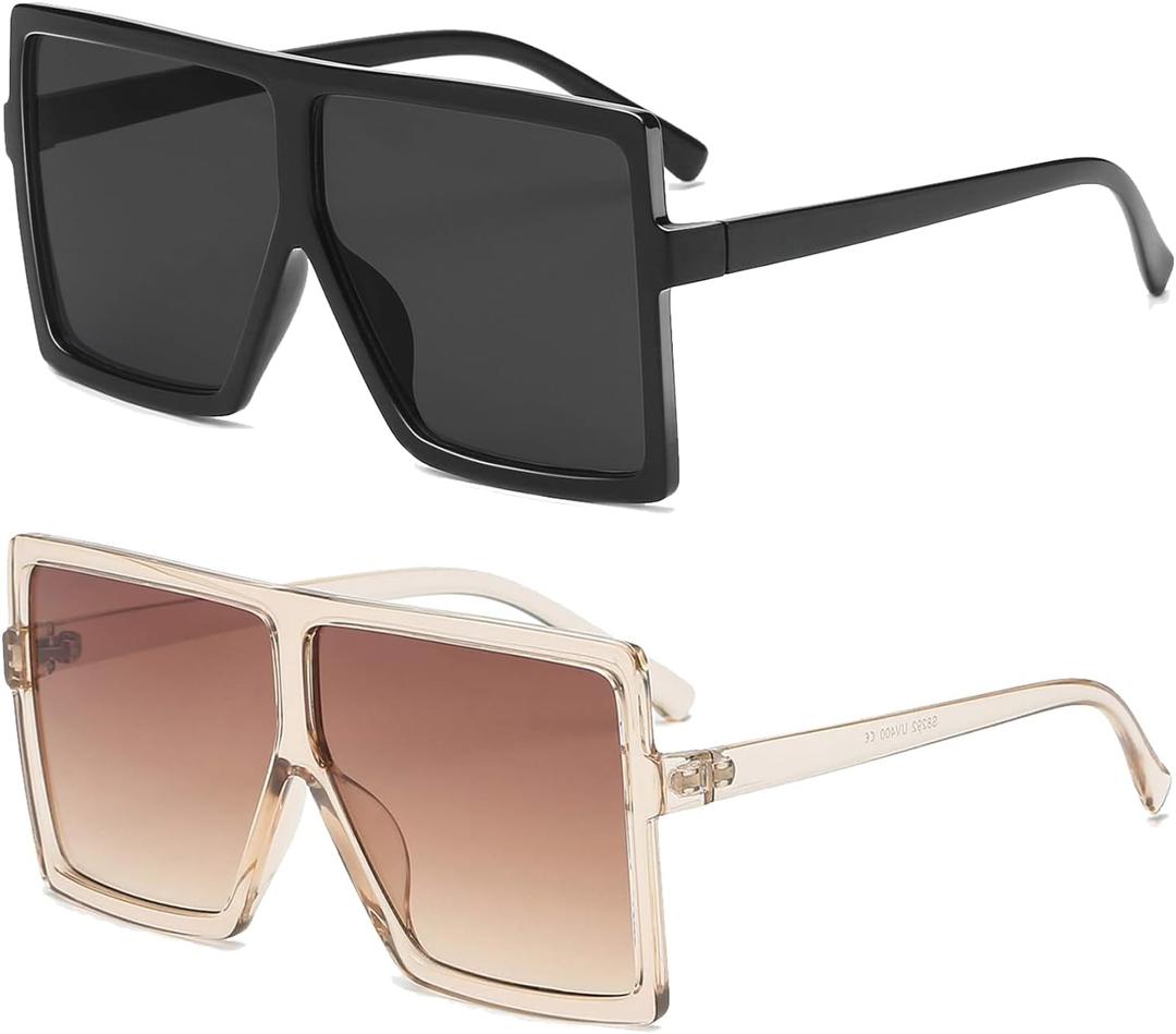 GRFISIA Square Oversized Sunglasses for Women Men Flat Top Fashion Shades (2 Black/Black+champagne/Brown)