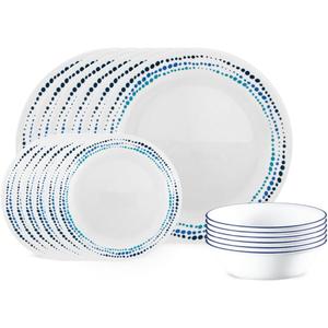 Corelle Vitrelle 18-Piece Service for 6 Dinnerware Set Triple Layer Glass and Chip Resistant, Lightweight Round Plates and Bowls Set, Ocean Blue