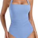 PINKMSTYLE Halter Square Neck Bodysuits for Women Mesh Sleeveless Thong Body Suits Tank Tops Double Lined Fitted Top, Size S