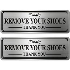 2pcs Metal Stainless Steel Remove Your Shoes Sign for Door,With Self Adhesive,9x3in(No Shoes2pcs), 3x9