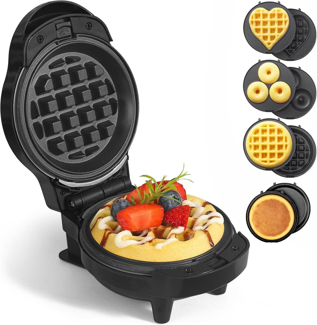 Mini Waffles Maker with 8 Removable Plates, 4 in 1 Small Waffle Maker Mini- Waffle, Heart Waffle, Pancake, Donut, 4.5" Non Stick Waffle Iron for Kids and Families, Black
