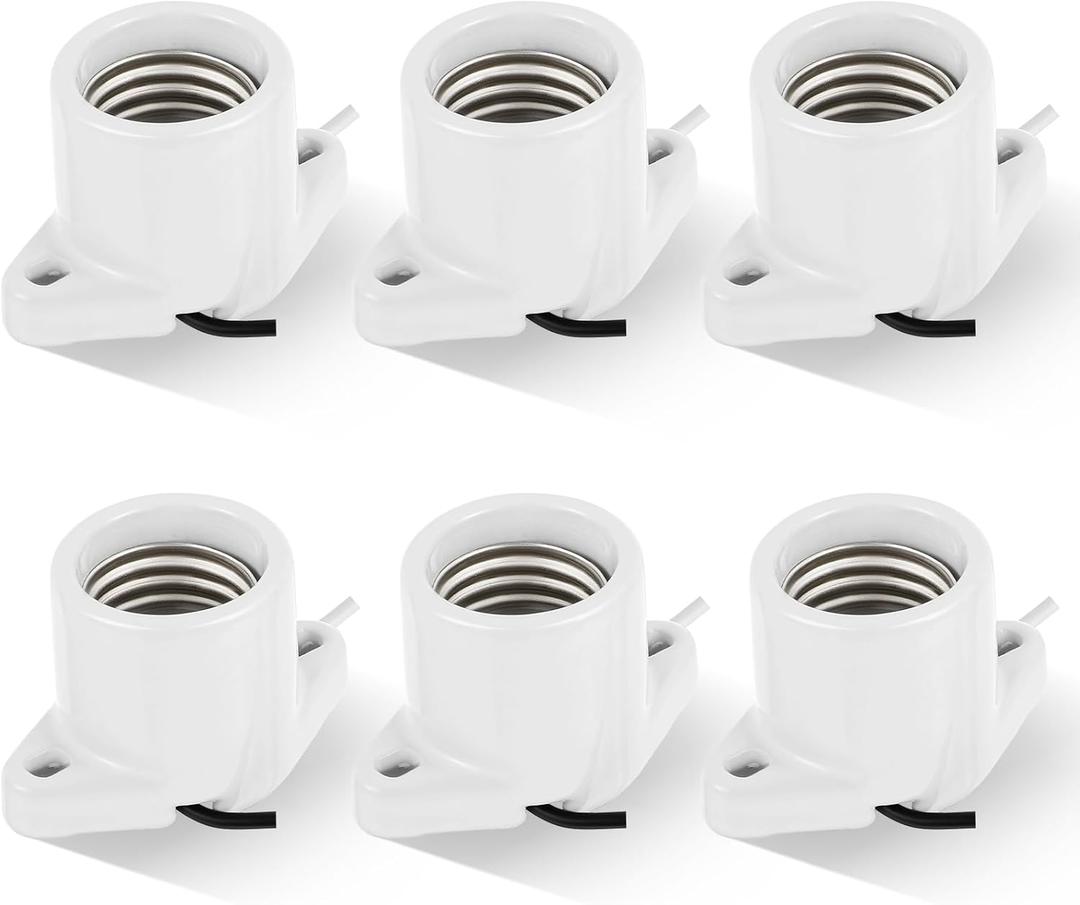 6 Pcs E26 Light Socket Porcelain Lamp Holder Socket Medium Keyless Threaded Base with Two Hole Flange Mounting and 6" Wire Indoor Garage Closet Lighting