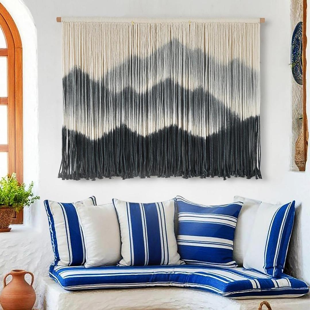 IOWER Macrame Wall Hanging for Bedroom Living Room Black Dip-Dyed Boho Wall Decor Cotton Modern Home Decor27 W x 19" L 