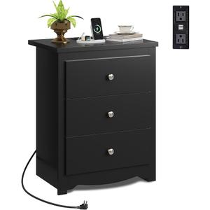 WLIVE Tall Nightstand with Charging Station, Wood Night Stand with 3 Drawers, Black Side Tables Bedroom, Dorm, End Table with 2 USB Ports and 2 AC Outlets