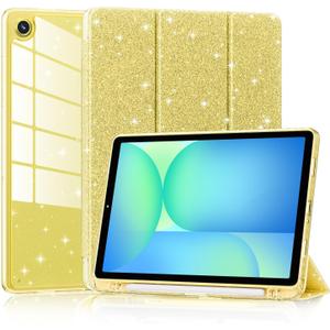 Lainergie Case for Samsung Galaxy Tab A11+/A9+ Plus 11 Inch 2025/2023, Cute Glittering Sparkly Shockproof Cover with Sparkly Crystal Clear Back and Pencil Holder for Galaxy Tab A11+/A9+, Blue, Yellow