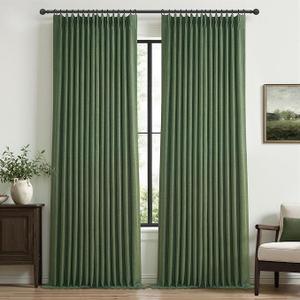 Loden Green Thick Linen Tall Bedroom Curtains 102 Inches Long 2 Panels, Memory Shape Pinch Pleated Blackout Double Layer Pivacy Soundproof Thermal Neutral Windows Curtain Room Divider 40 x 102 Inch