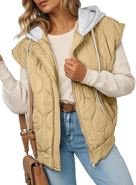 EVALESS Puffer Vest Women Cropped Hooded Zip Up Quilted Sleeveless Jackets 2025 Fall Lightweight Coat with Pockets, Size 2XL