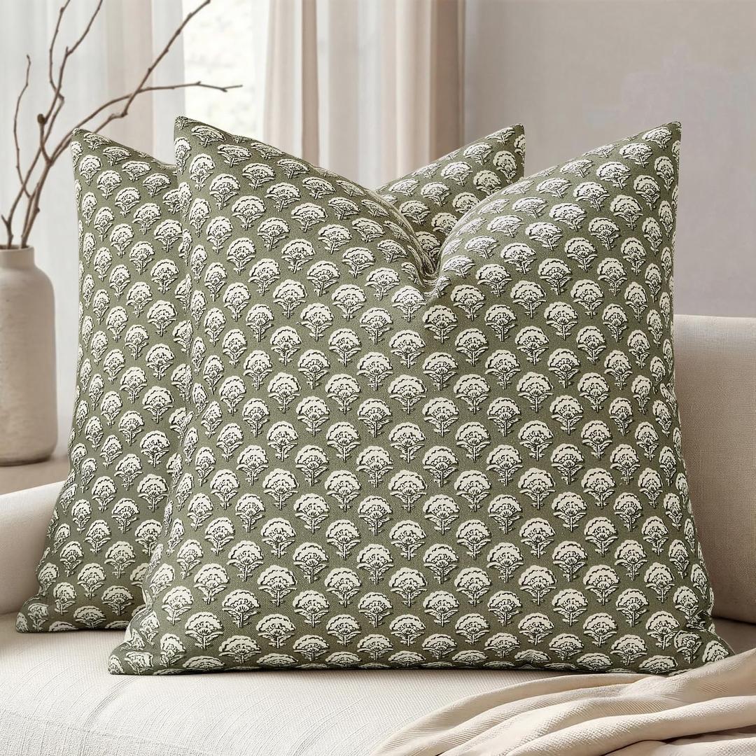 MIULEE Set of 2 Decorative Floral Pillow Covers Neutral Vintage Throw Pillows Block Print Boho Farmhouse Cushion Covers for Modern Spring Home Decor Couch Sofa Bed Living Room, 18x18 Inch, Sage Green
