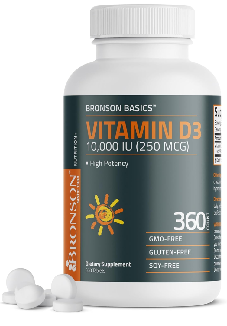 Bronson Vitamin D3 10,000iu (250mcg) 1 Year Supply for Healthy Muscle Function and Immune Support, Non-GMO, 360 Tablets, Best By 02/2027