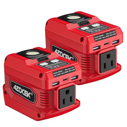 220W Azocek Power Inverter Compatible with Milwau-kee 18V Battery, DC 18V to AC 110V Portable Power Station with 1 AC Outlet, 2 USB Ports & 1 Type-C Fast Charging, 400LM LED Work Light (2-Pack) Red
