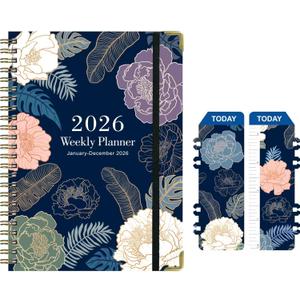 2026 Planner Weekly and Monthly Agenda Notebook, 6" X 8" Spiral Hardcover Daily Planner Calendar with Tab, Bookmarker, Elastic Band and Back Pocket, Office Supplies for Women Blue Floarl