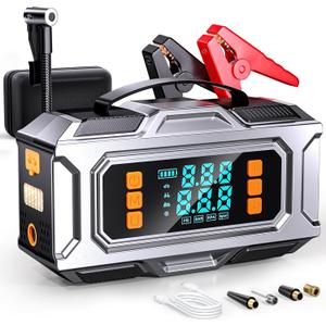 Jump Starter with Air Compressor, 8000A Car Battery Jump Starter (9.0 Gas/8.0L Diesel), 180PSI Car Battery Jumper Starter Portable 12V Jump Box with Jumper Cables, LED Light, Power Bank, LCD Display (Silver Black)