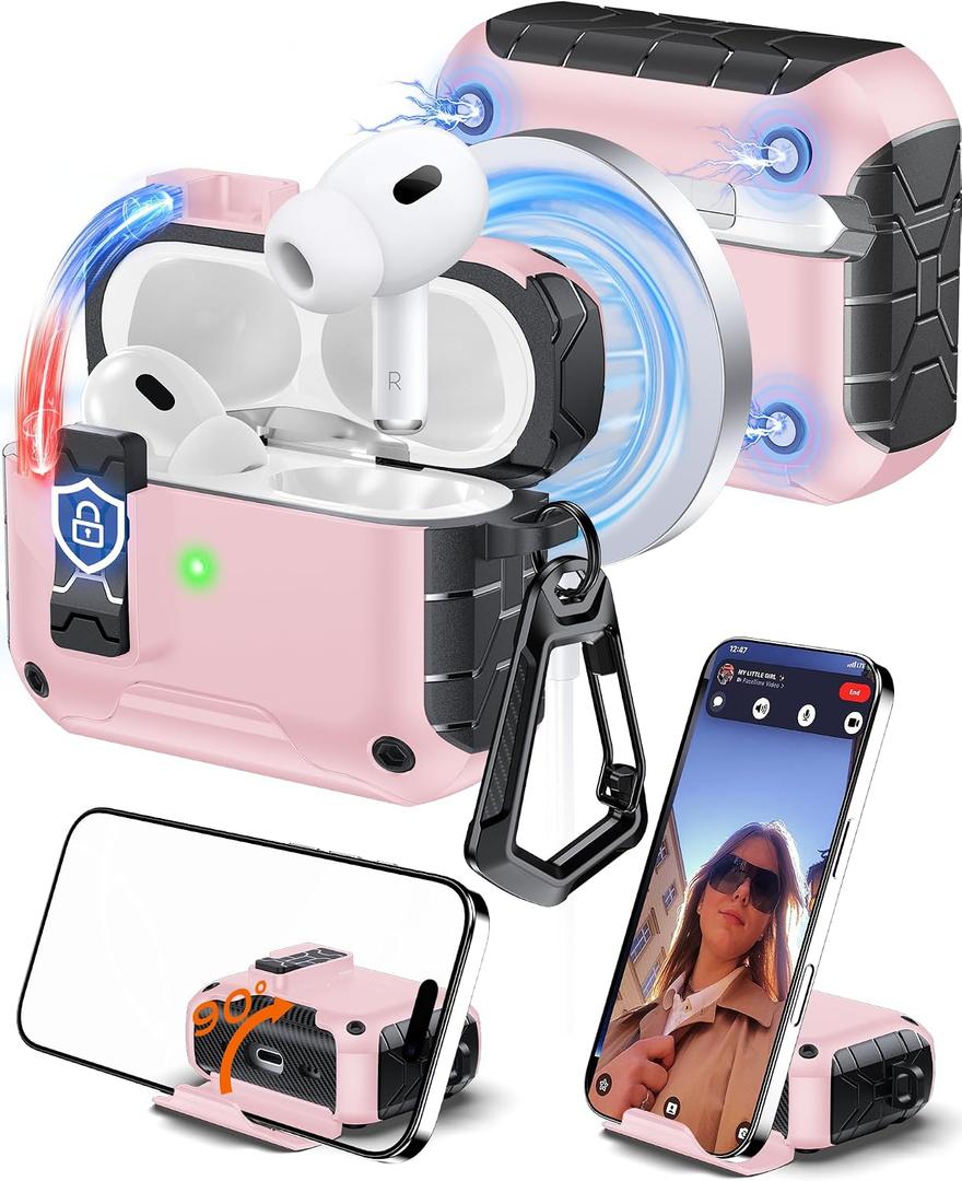 Chicfun for AirPods Pro 3 Case with Stand & Carabiner Keychain, Compatible with MagSafe, [Auto-Mag Lock 1s Open] Mil-Grade Heavy Duty Full-Body Protective with Lock – Pink